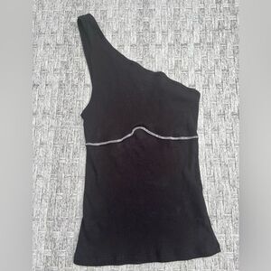 Reformation black open shoulder tank top, chest embellishment, XS